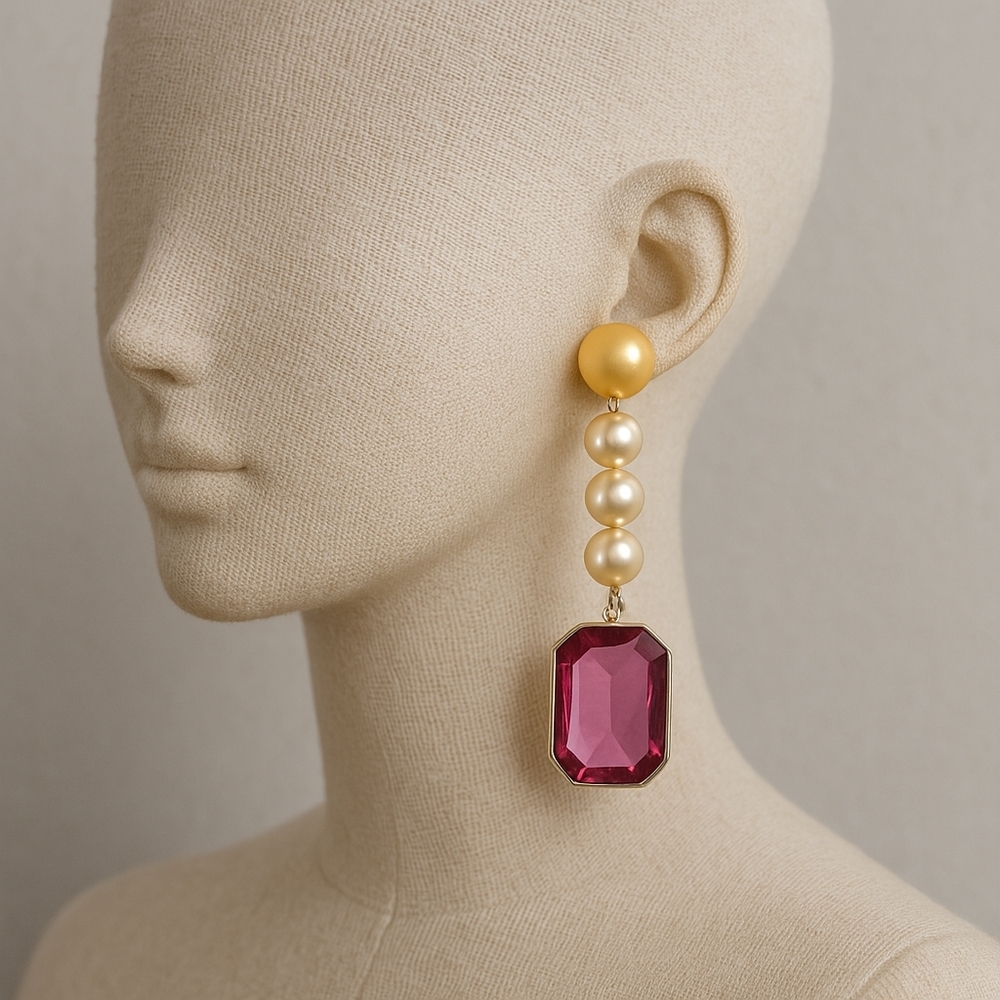 Off-White Bead Rectangular Shape Purple Stone Post Drop Dangle Earrings - Women